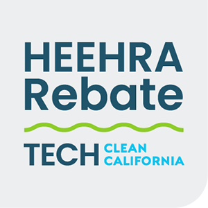 Logo for HEEHRA Rebate Tech Clean California, featuring the text 'HEEHRA Rebate' in dark blue and 'TECH CLEAN CALIFORNIA' in blue.