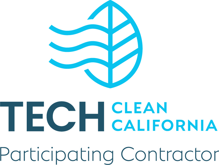 Logo for Tech Clean California featuring a leaf design and the text 'Participating Contractor'.